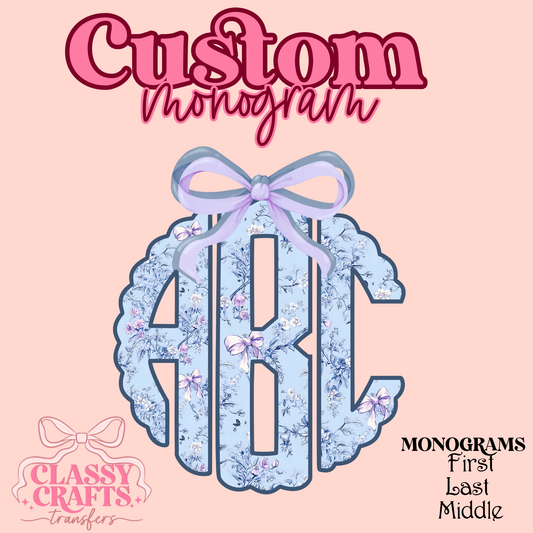 Light Blue  Coquette Floral  - Custom Monogram Transfer