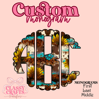 Western Sunflower Cow Leather - Custom Monogram Transfer