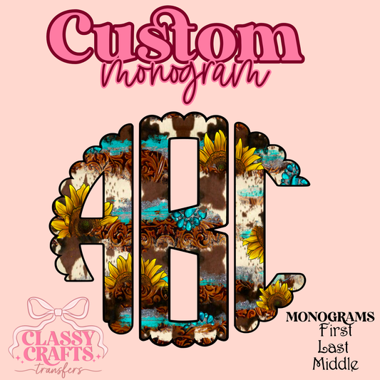 Western Sunflower Cow Leather - Custom Monogram Transfer