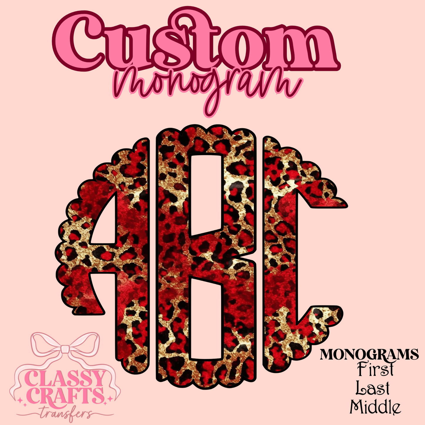 Xmas Red Gold Glitter Leopard- Custom Monogram Transfer