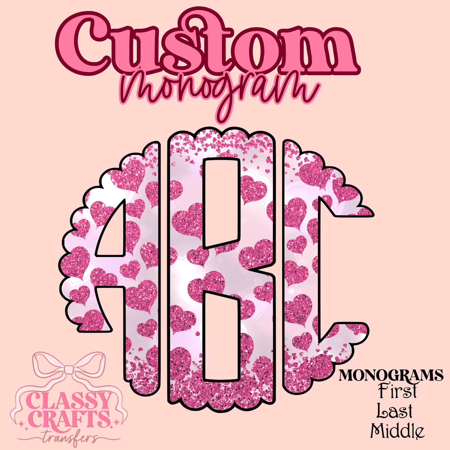 Valentine Glitter Pink Heart - Custom Monogram Transfer