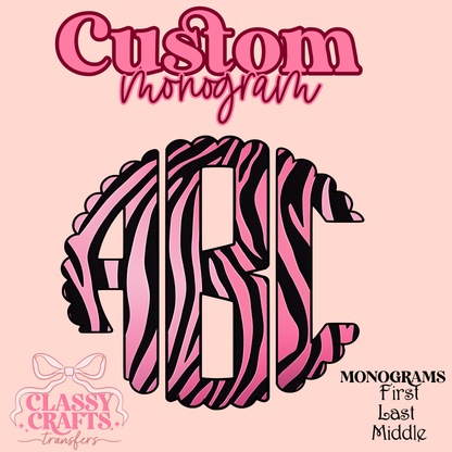 Pink Ombre Zebra - Custom Monogram Transfer
