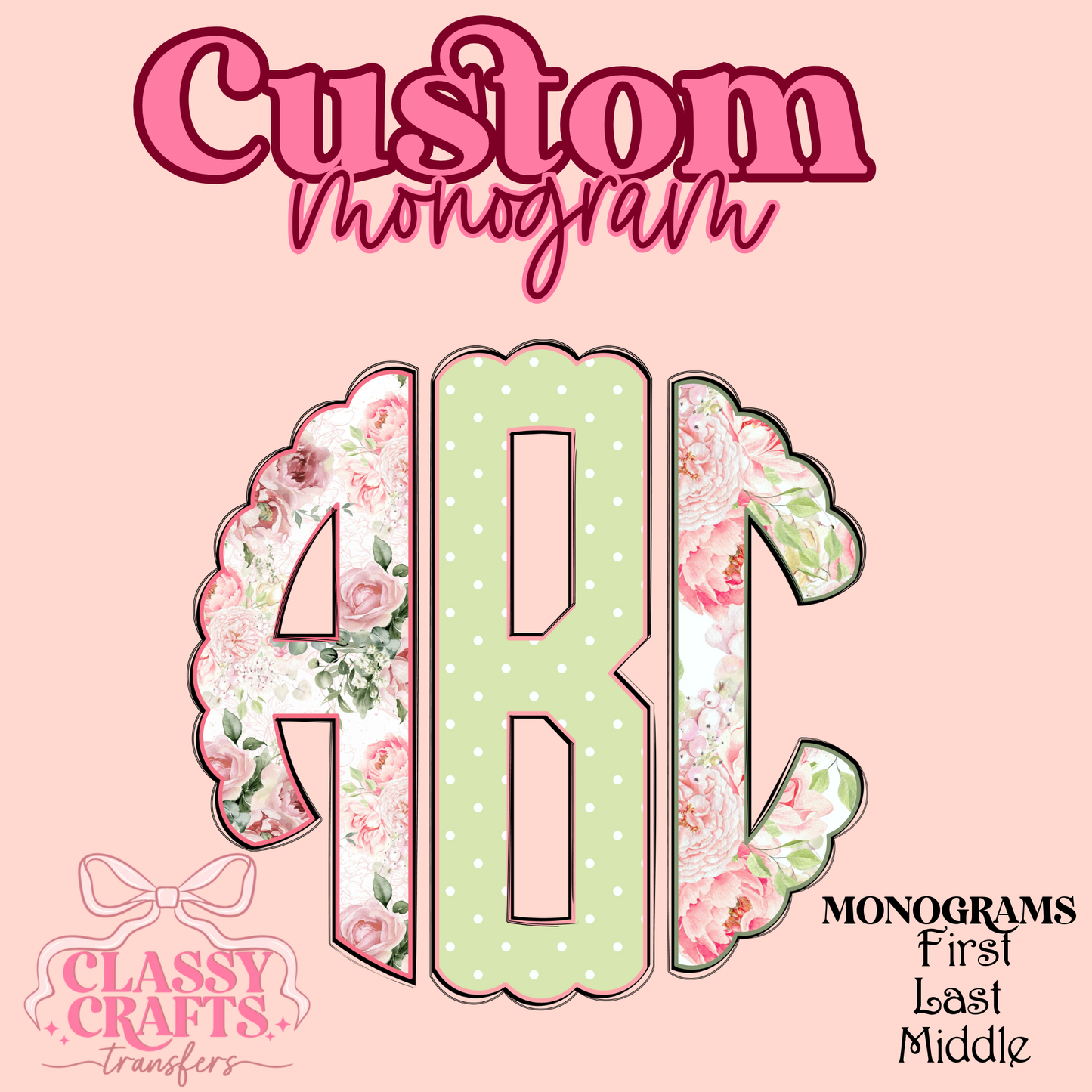 Pink & Mint Green Polka Dot Floral - Custom Monogram Transfer