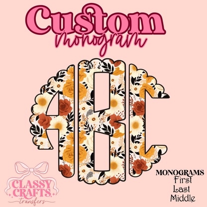 Boho Fall Flowers - Custom Monogram Transfer