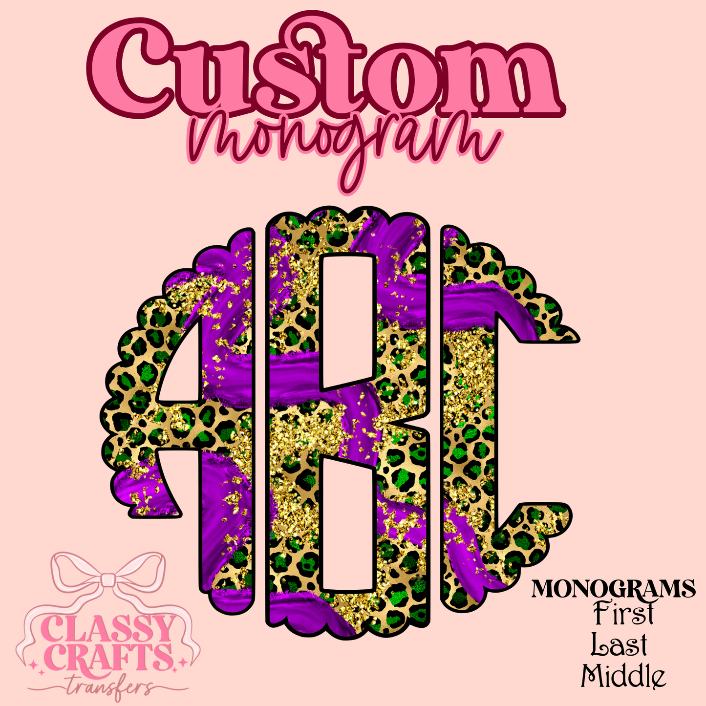 Mardi Gras Leapard Glitter - Custom Monogram Transfer