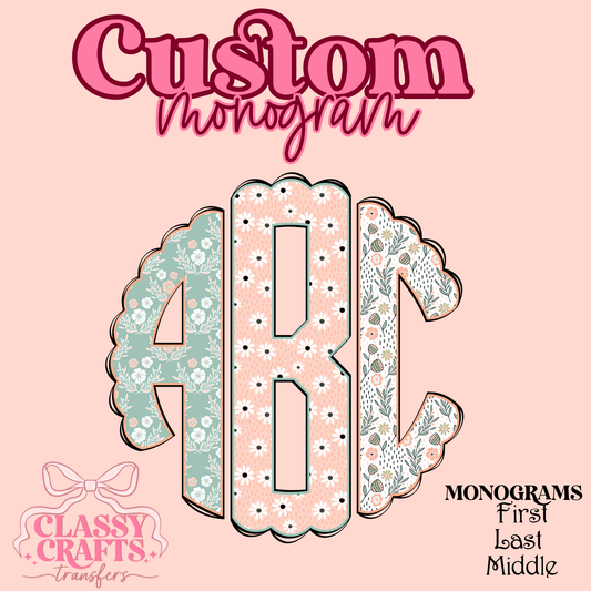 Mint & Peach Floral- Custom Monogram Transfer