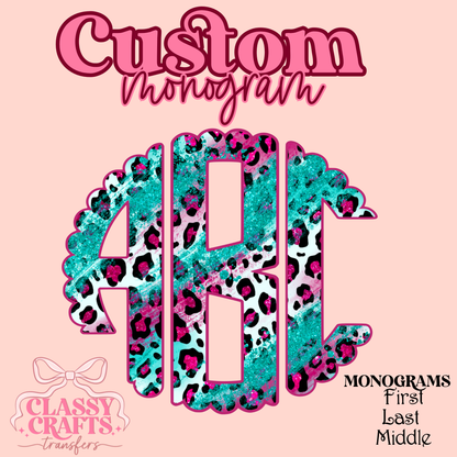 Pink Leopard With Blue Glitter - Custom Monogram Transfer