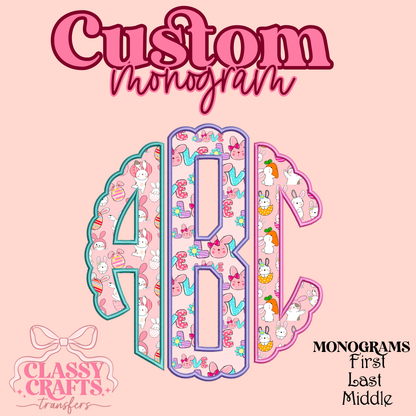 Pink & Blue Easter Bunny - Custom Monogram Transfer