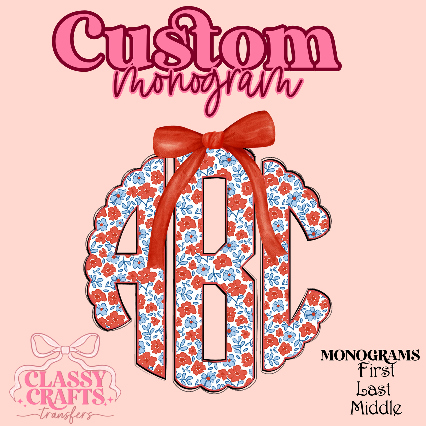 Red & Blue Poppy Flower - Custom Monogram Transfer