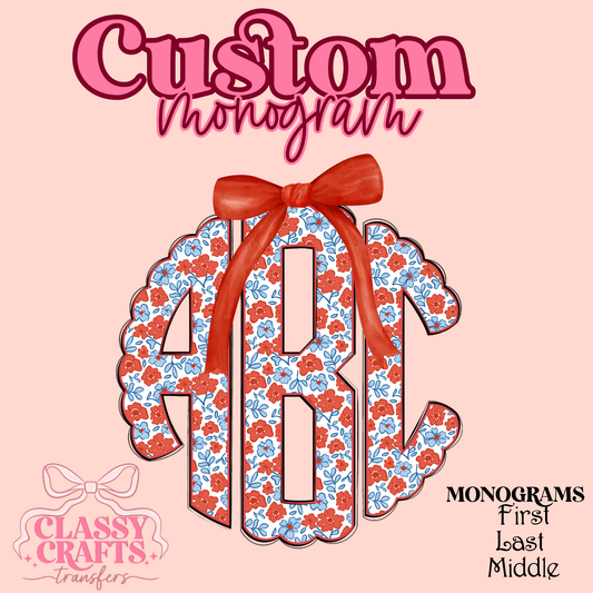 Red & Blue Poppy Flower - Custom Monogram Transfer