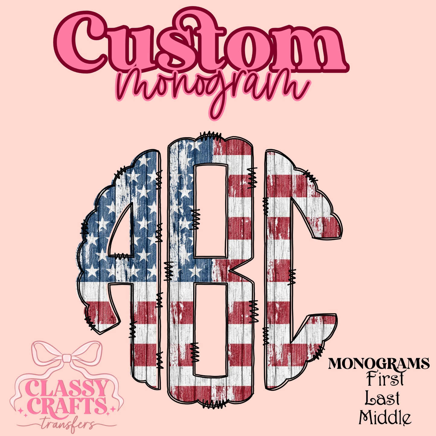 USA Flag Wood  - Custom Monogram Transfer