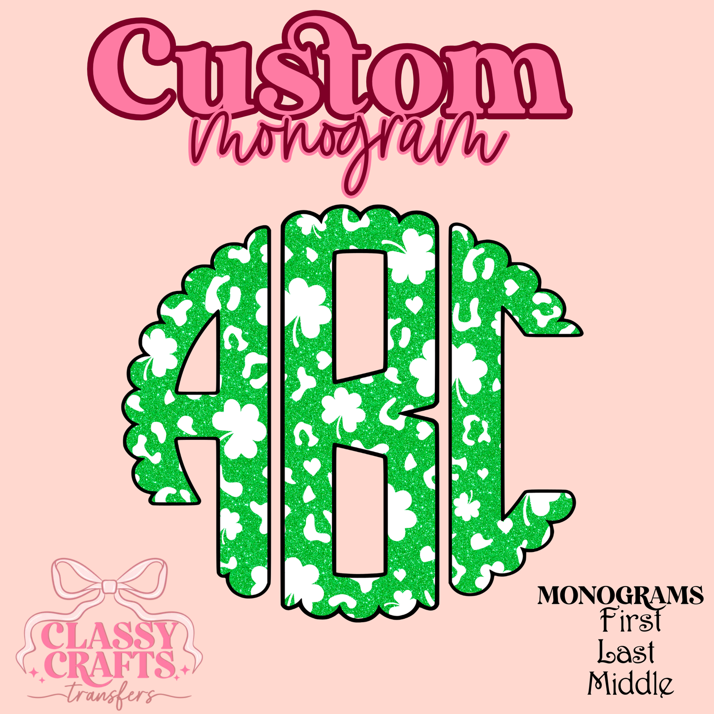 Green Glitter Shamrock  - Custom Monogram Transfer