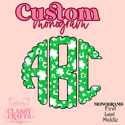 Green Glitter Shamrock  - Custom Monogram Transfer