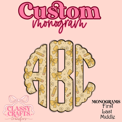 Yellow Bow & Pencil- Custom Monogram Transfer