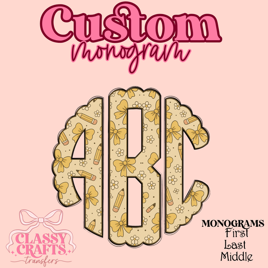 Yellow Bow & Pencil- Custom Monogram Transfer