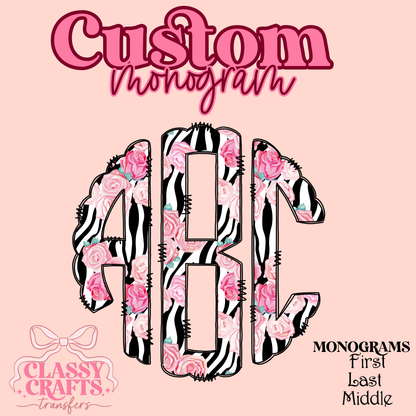 Roses Zebra- Custom Monogram Transfer