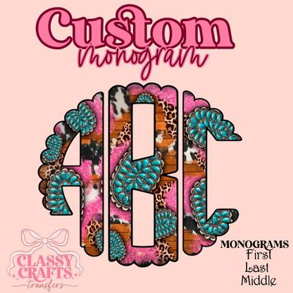 Turquoise Cowhide Leopard - Custom Monogram Transfer