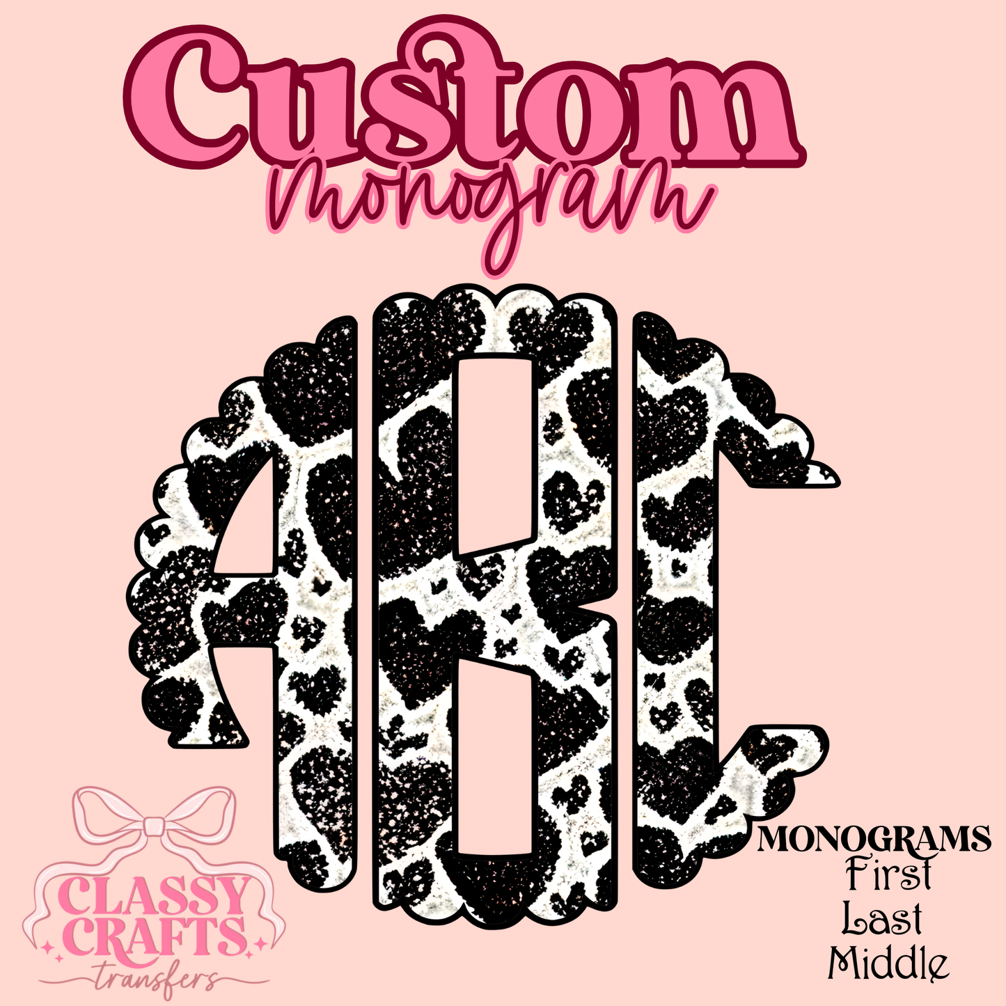 Glitter Heart Black & White  - Custom Monogram Transfer