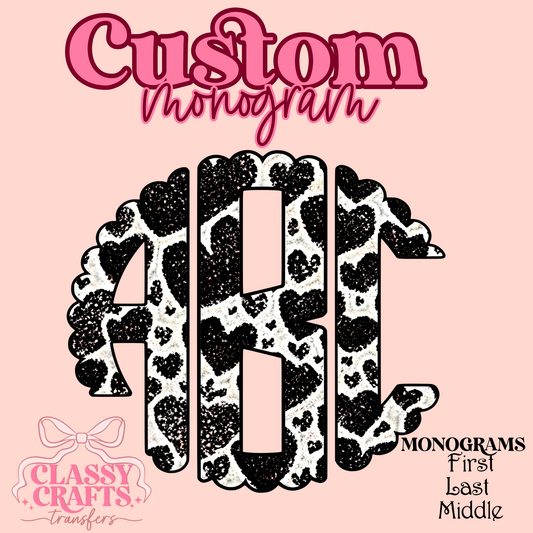 Glitter Heart Black & White  - Custom Monogram Transfer