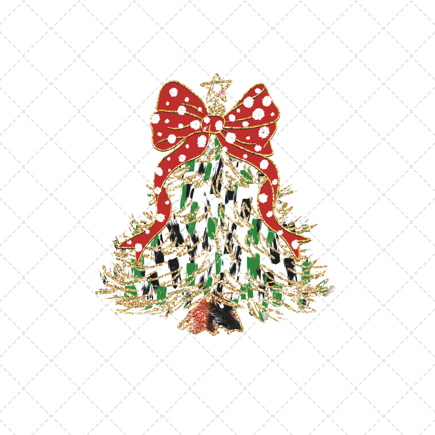 Green And White Christmas Tree With Red Bow And Gold Star Transfer