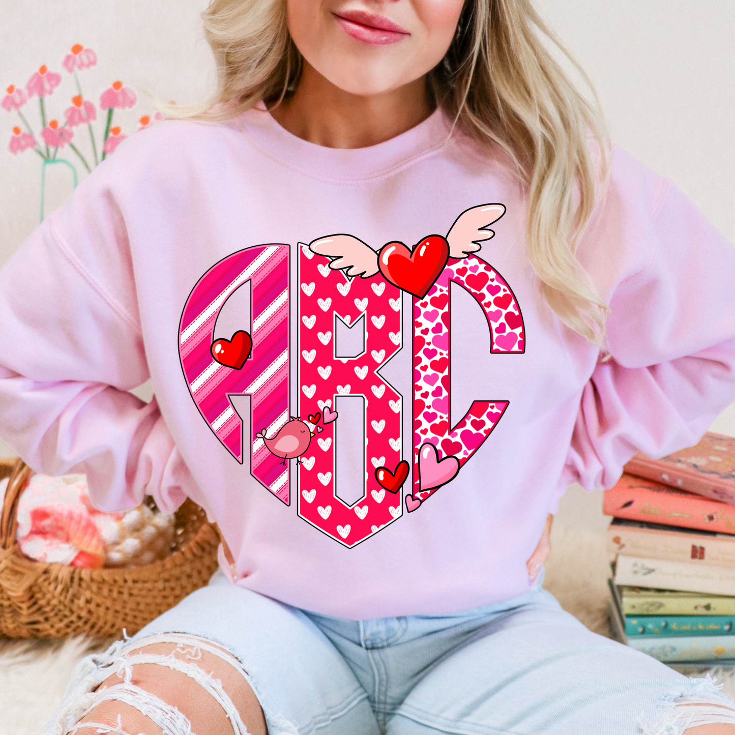 Pink & Red Strip Hearts- Custom Monogram Transfer