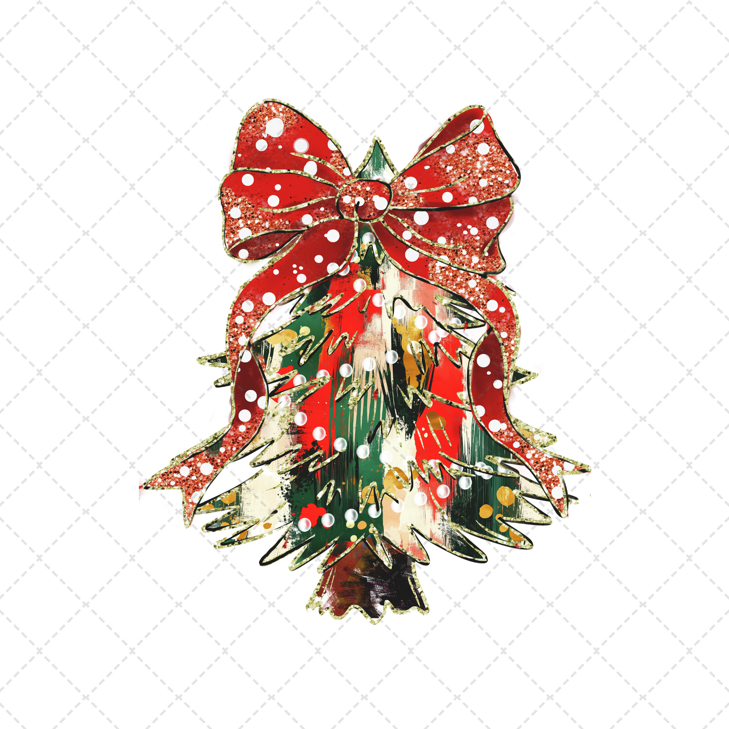 Brush Stroke Traditional Christmas Tree With Red Polka Dot Bow Transfer