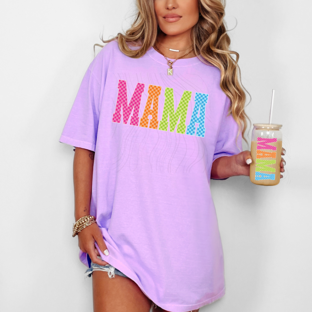 Mama Varsity Neon Checkered Transfer
