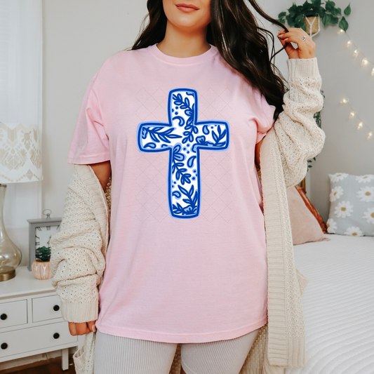 Blue Floral Cross Transfer