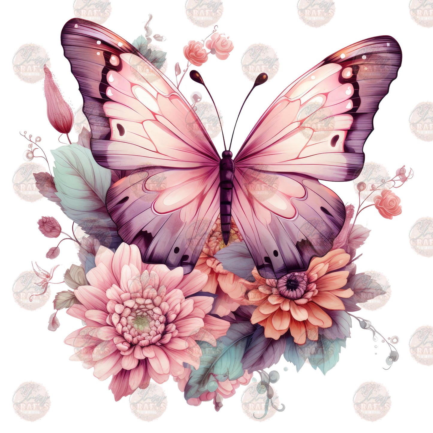 Breast Cancer Awareness Butterfly Floral Transfer