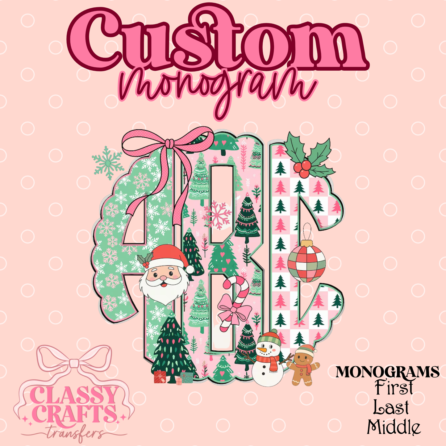 Pink & Green Plaid Snowflakes Christmas - Custom Monogram Transfer