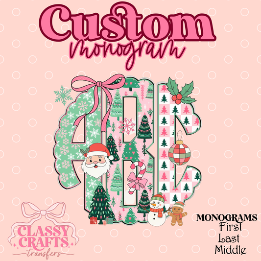 Pink & Green Plaid Snowflakes Christmas - Custom Monogram Transfer