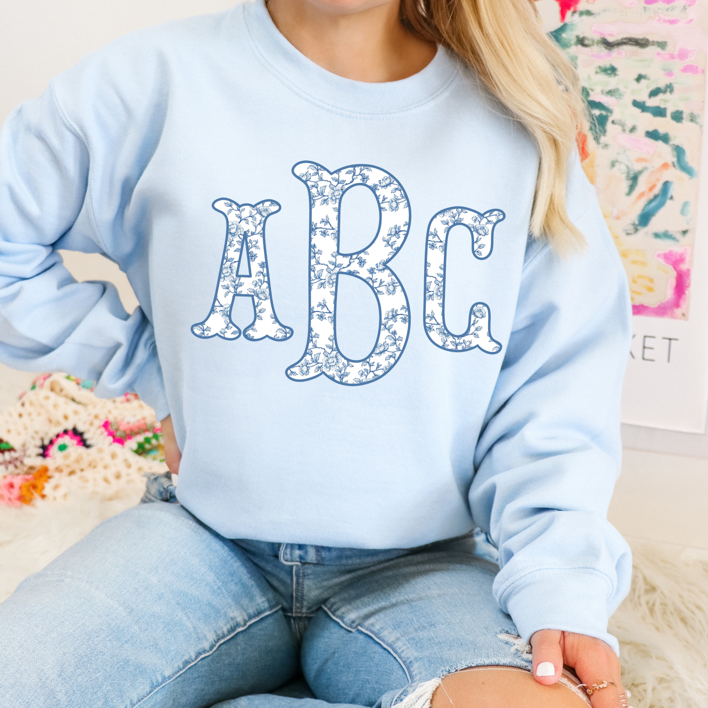 Blue Floral Chinoiserie Fishtail - Custom Monogram Transfer