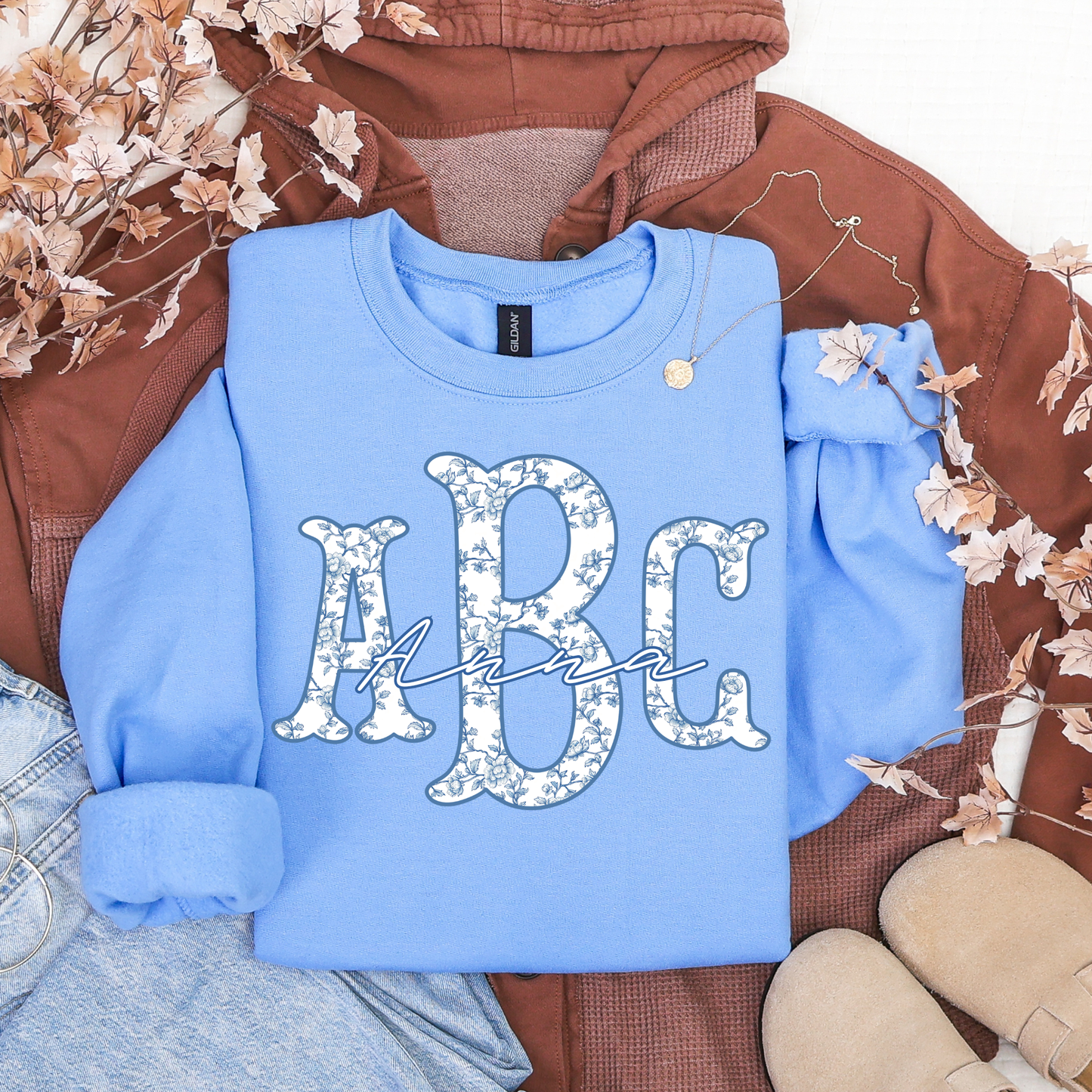 Blue Floral Chinoiserie Fishtail - Custom Monogram Transfer