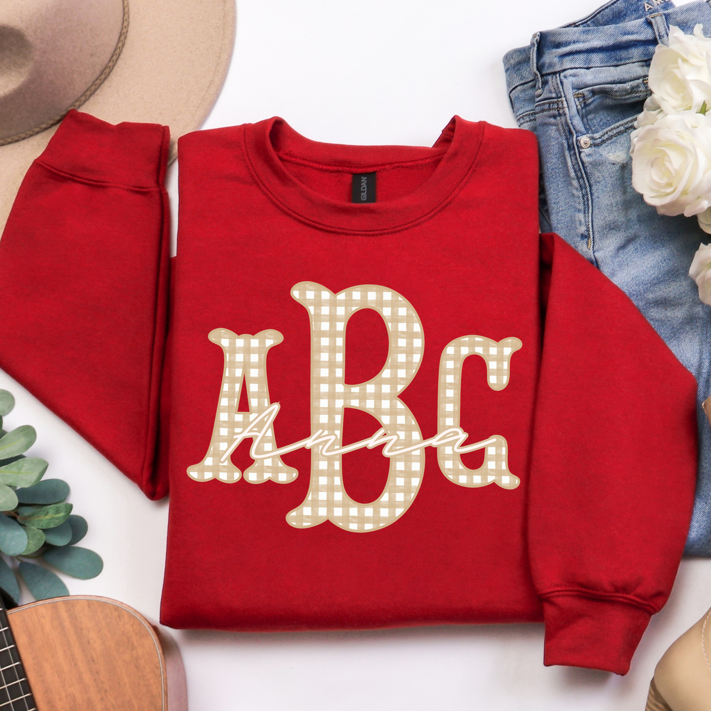 Beige Gingham Fishtail - Custom Monogram Transfer