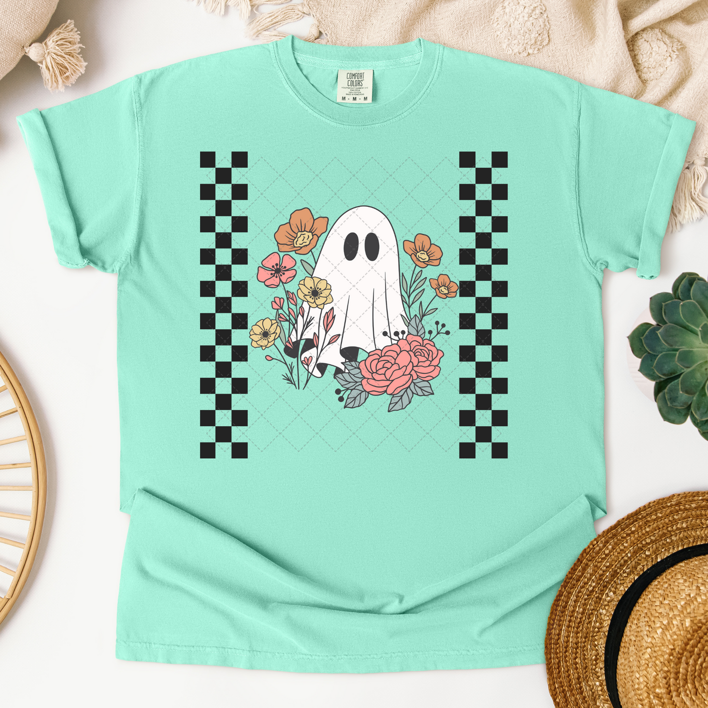 Checkered Ghost With Flowers Transfer