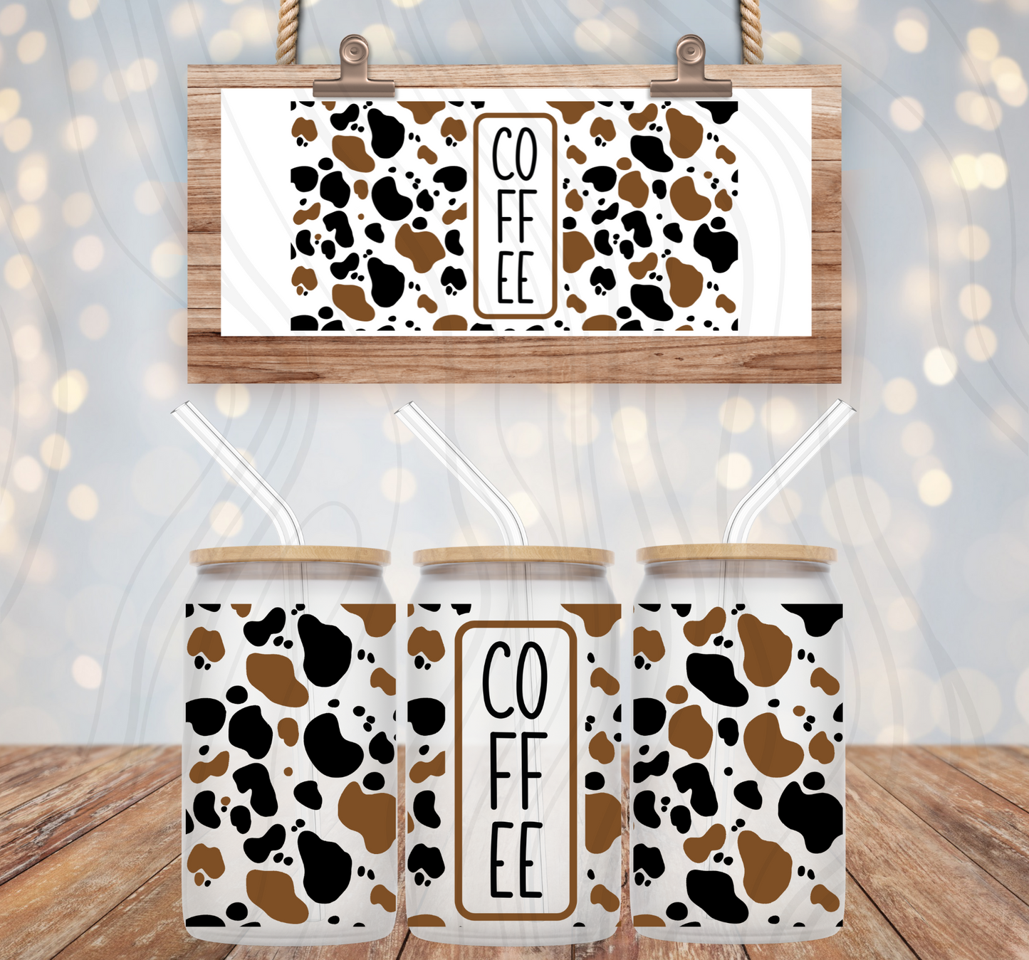 Cow Print Coffee 16oz Libbey Wrap Transfer