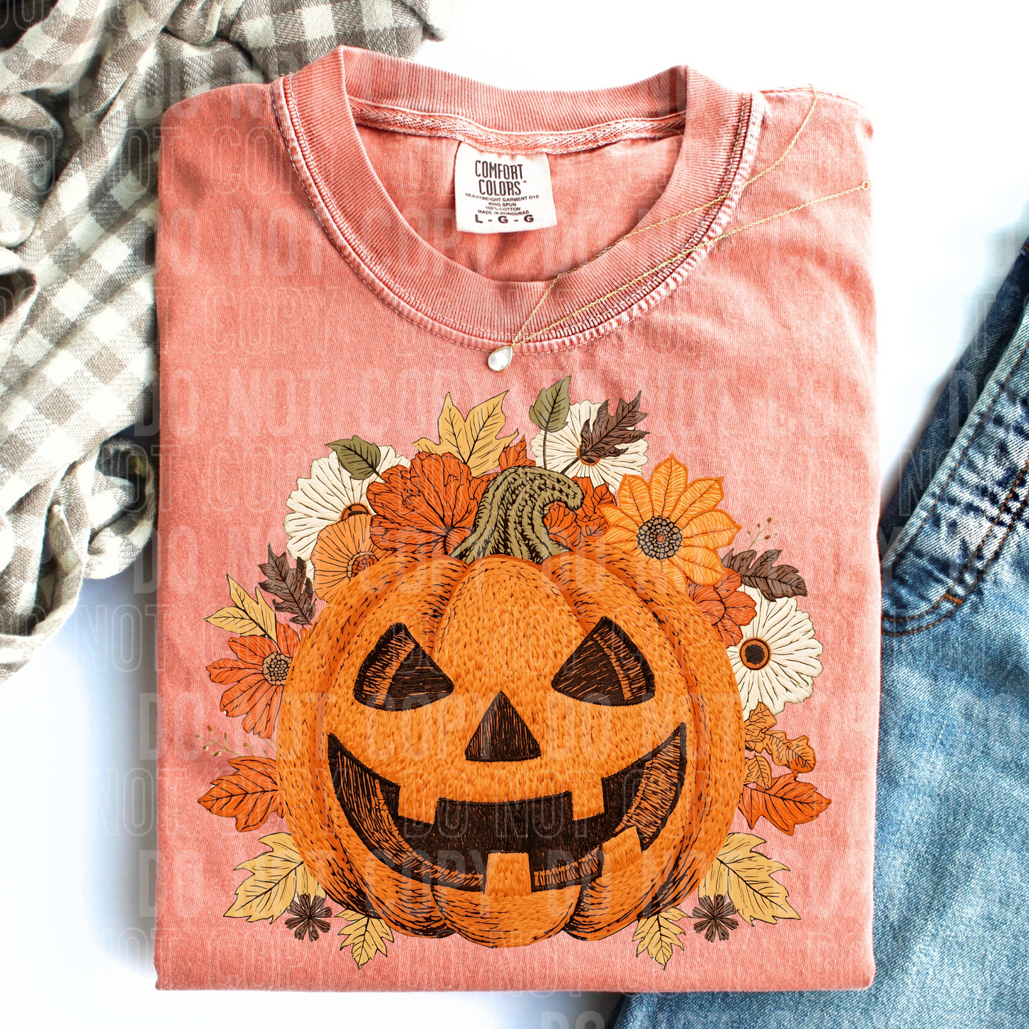FAUX EMBROIDERY JACK O LANTERN FLORAL TRANSFER