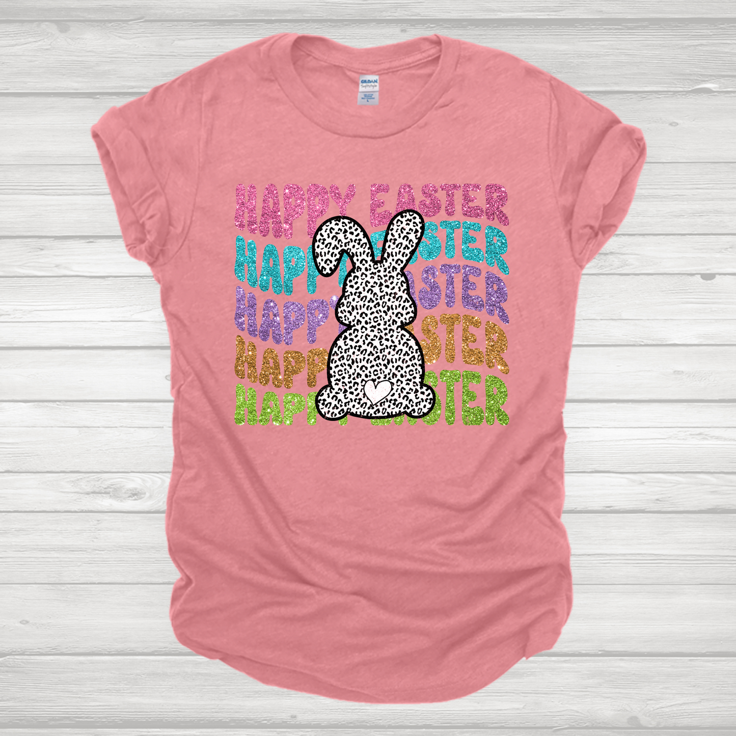Faux Glitter Happy Easter Leopard Bunny Transfer
