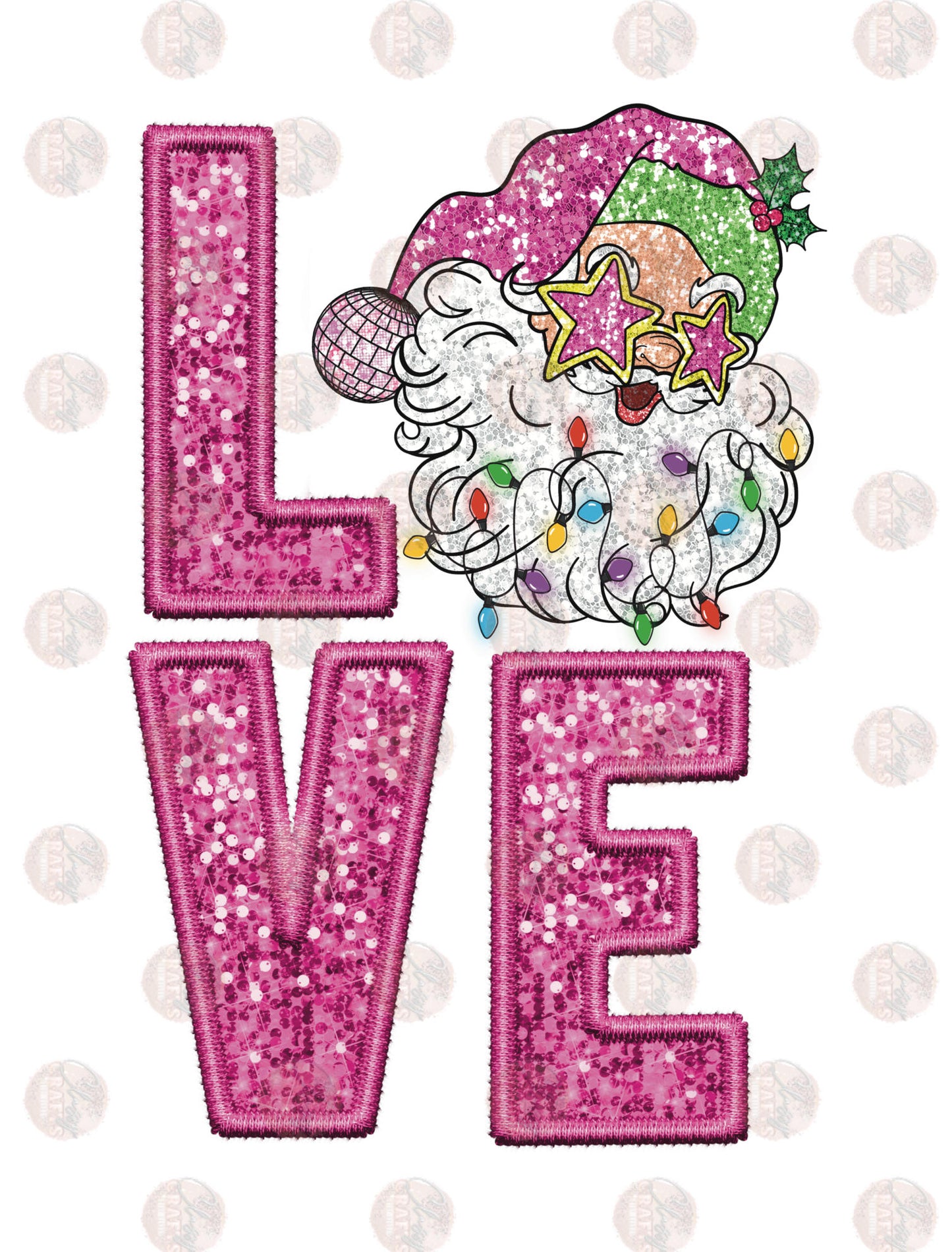 Faux Sequin Love Santa Christmas Lights Transfers