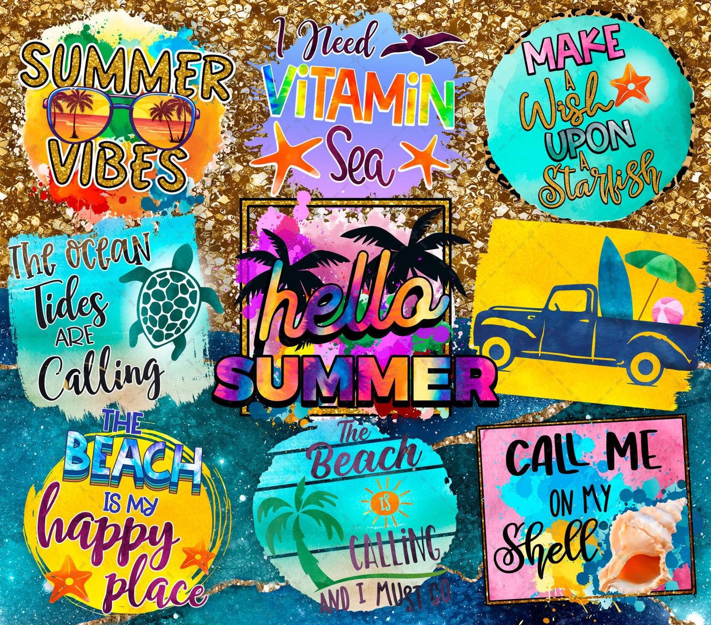 Glitter Summer Collage Tumbler Wrap - Sublimation Transfer