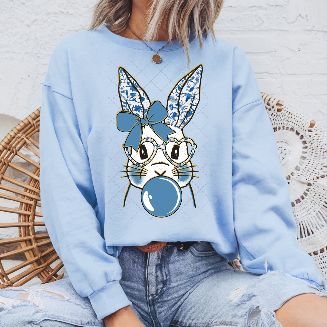 Glitter Blue Floral Easter Bunny Transfer