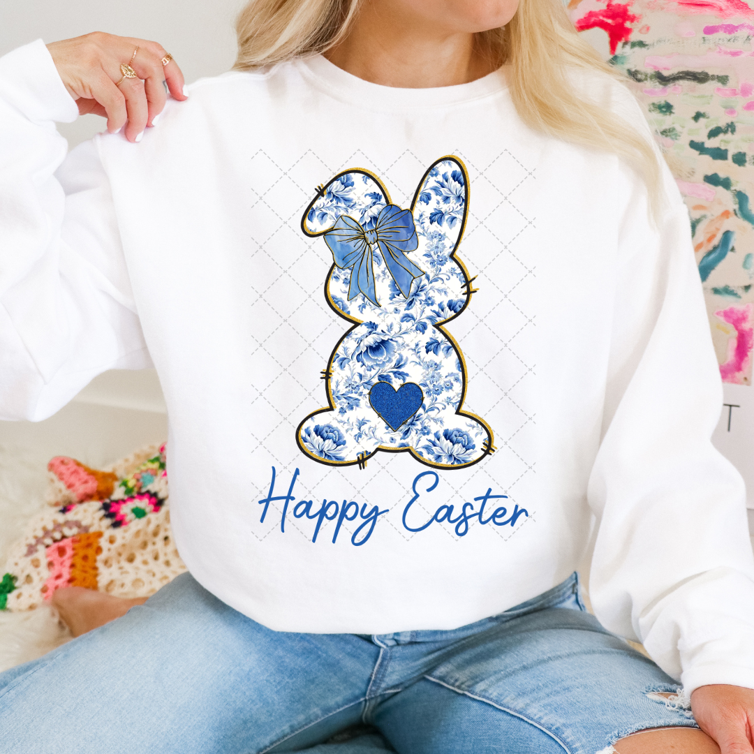 Happy Easter Blue Floral Bunny Transfer