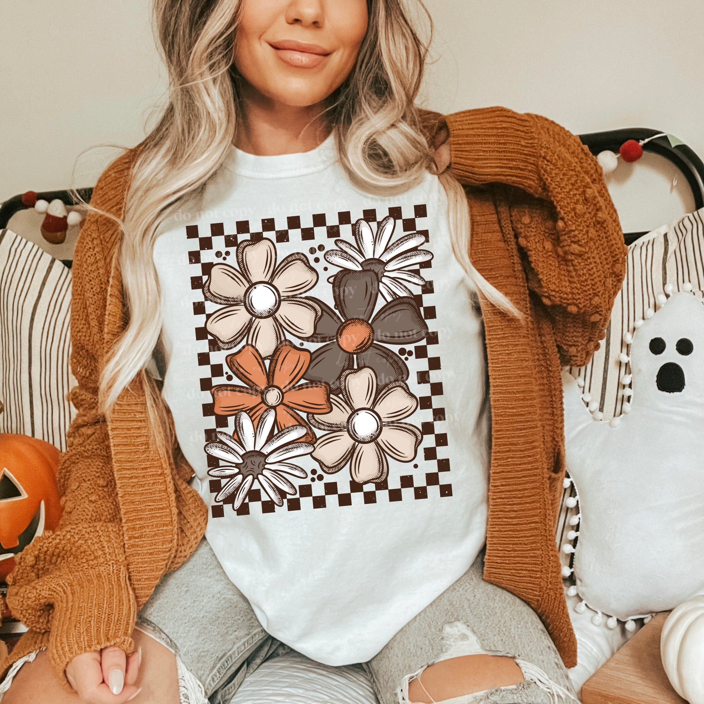 Fall Checkered Florals Brown Transfer