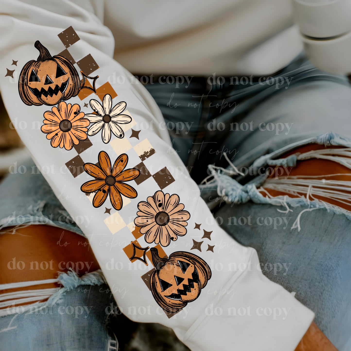 Pumpkin Floral Checkers Transfer ** TWO PART* SOLD SEPARATELY**