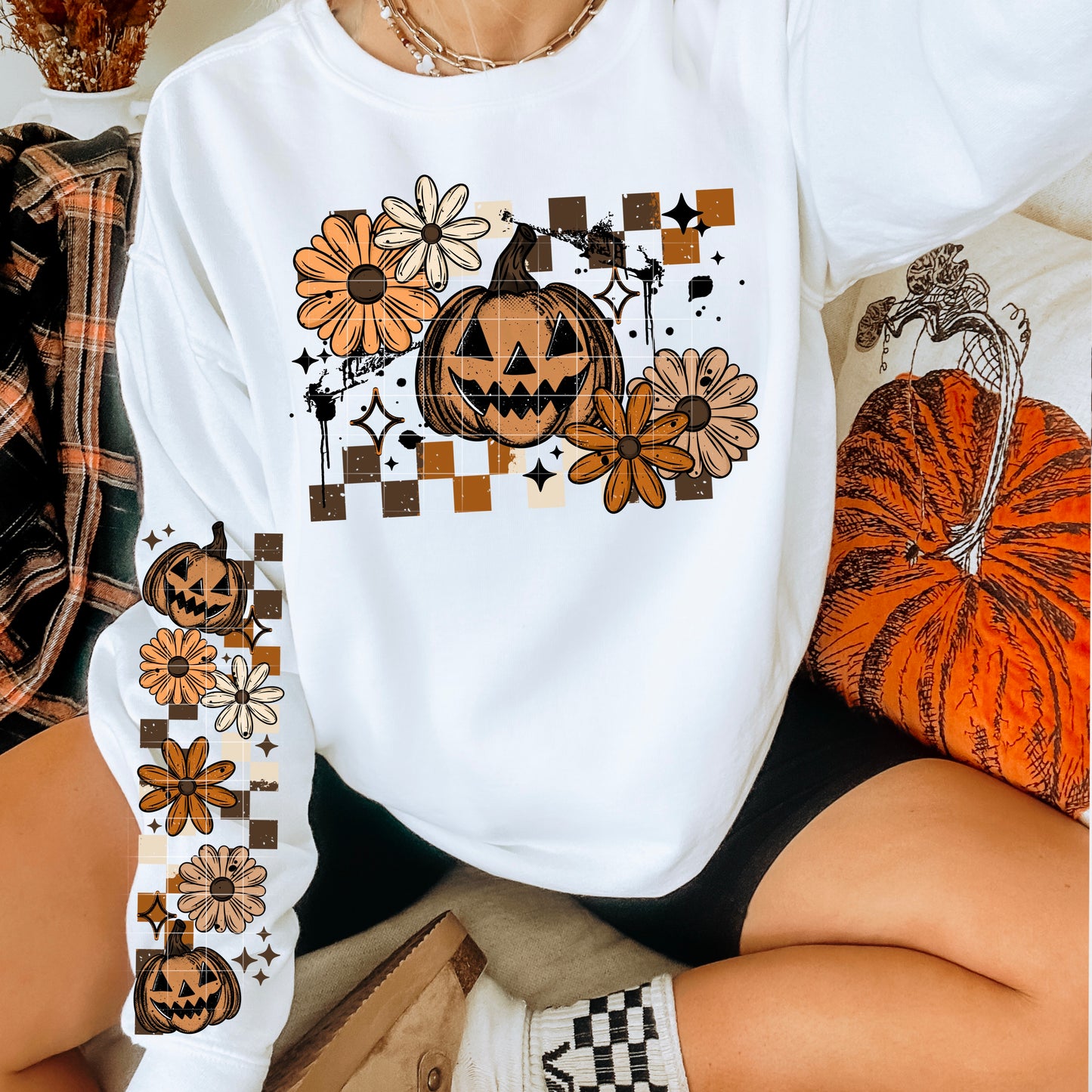 Pumpkin Floral Checkers Transfer ** TWO PART* SOLD SEPARATELY**