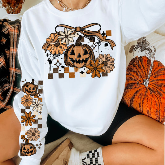 Pumpkin Floral Checkers Transfer ** TWO PART* SOLD SEPARATELY**