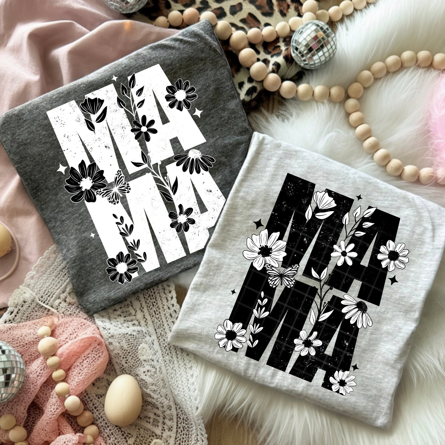 B&W Mama And Mini Florals Transfer **SOLD SEPARATELY**