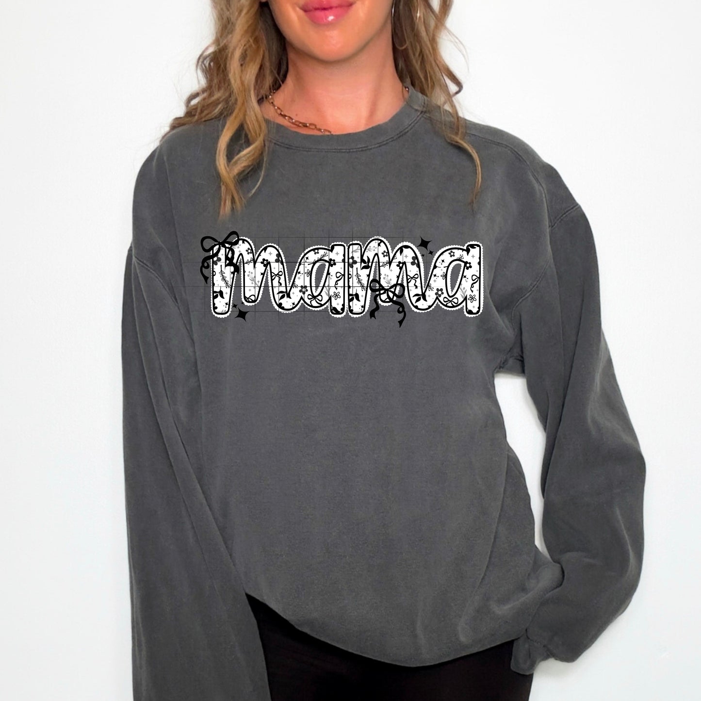Mama Grayscale Florals And Bow And Mini Transfer