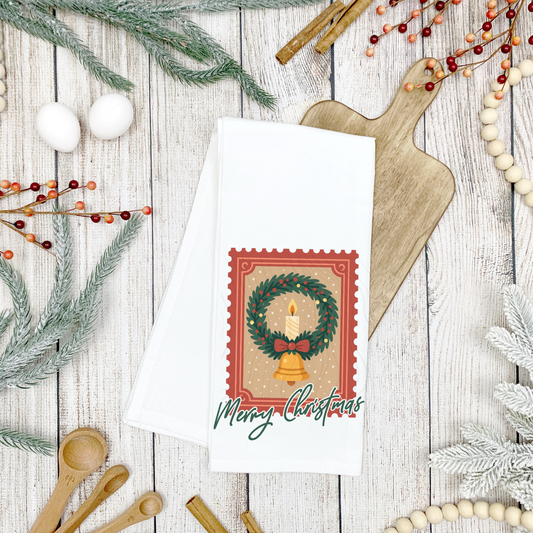Merry Christmas Wreath Green Tea Towel Transfer