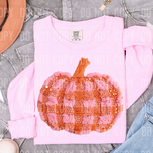 PINK AND ORANGE PLAID PUMPKIN FAUX YARN TRANSFER